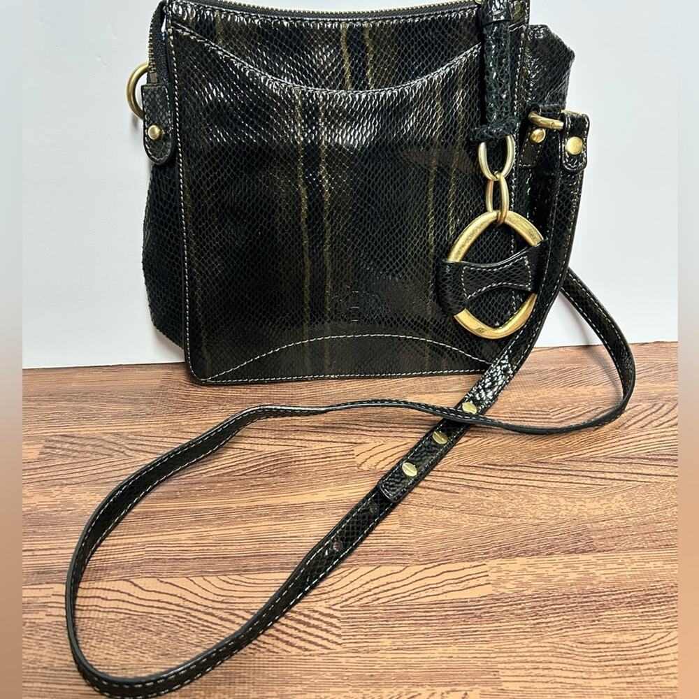 Tortuga Black Leather Snakeskin Embossed Crossbody Bag Gold Ring Accent Turtle